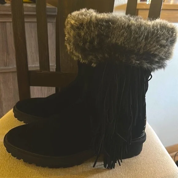 Sam Edelman Women’s Tilden Suede Leather Faux Fur Fringe Boots Black Size 9.5 - Picture 2 of 16